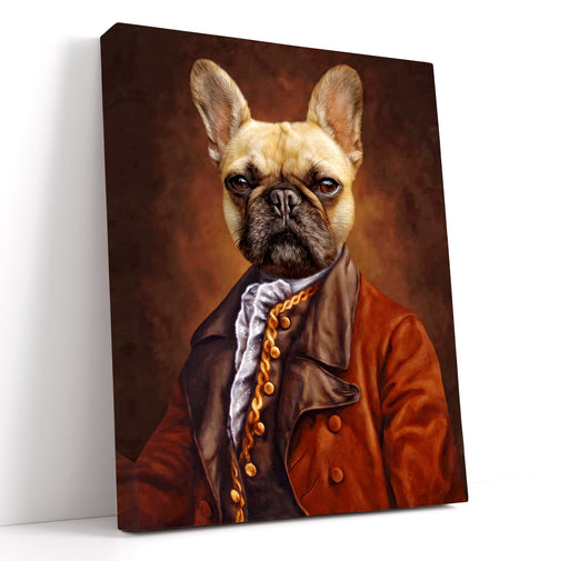 Regal pet portrait of a French Bulldog dressed in an elegant, vintage-style brown coat with gold buttons and a ruffled white shirt. This classic and sophisticated dog portrait is perfect for custom pet art enthusiasts looking for unique and aristocratic pet portraits on canvas. Ideal for those seeking personalized pet artwork to celebrate their beloved pets with a touch of nobility