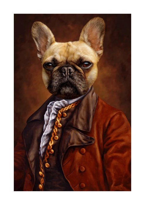 Regal pet portrait of a French Bulldog dressed in an elegant, vintage-style brown coat with gold buttons and a ruffled white shirt. This classic and sophisticated dog portrait is perfect for custom pet art enthusiasts looking for unique and aristocratic pet portraits on canvas. Ideal for those seeking personalized pet artwork to celebrate their beloved pets with a touch of nobility