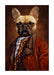 Regal pet portrait of a French Bulldog dressed in an elegant, vintage-style brown coat with gold buttons and a ruffled white shirt. This classic and sophisticated dog portrait is perfect for custom pet art enthusiasts looking for unique and aristocratic pet portraits on canvas. Ideal for those seeking personalized pet artwork to celebrate their beloved pets with a touch of nobility