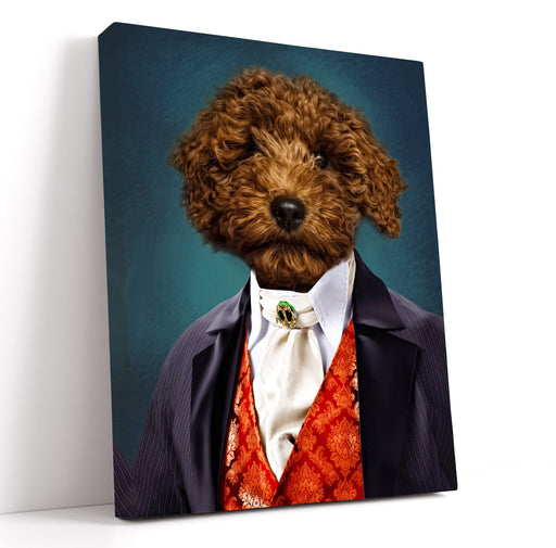 Charming pet portrait of a curly-haired dog dressed in an elegant suit with a red patterned vest, white cravat, and a stylish brooch. This custom pet portrait showcases the dog in a regal and sophisticated style, perfect for pet owners looking for personalized and aristocratic pet artwork. Ideal for unique pet portrait canvases that celebrate pets with a distinguished and refined look