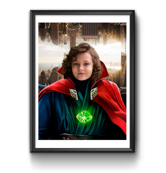 a little girl dressed in a red cape and green lantern