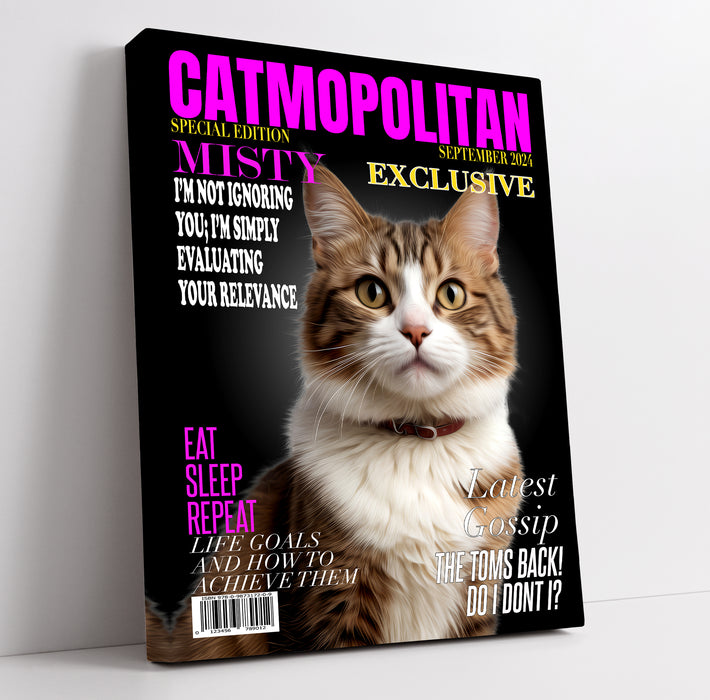 Funny cat portrait on Catmopolitan magazine cover with humorous headlines, featuring a tabby cat named Misty