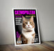 Funny cat portrait on Catmopolitan magazine cover with humorous headlines, featuring a tabby cat named Misty