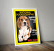 Funny pet portrait on national doggographic magazine cover with humorous headlines, featuring a beagle