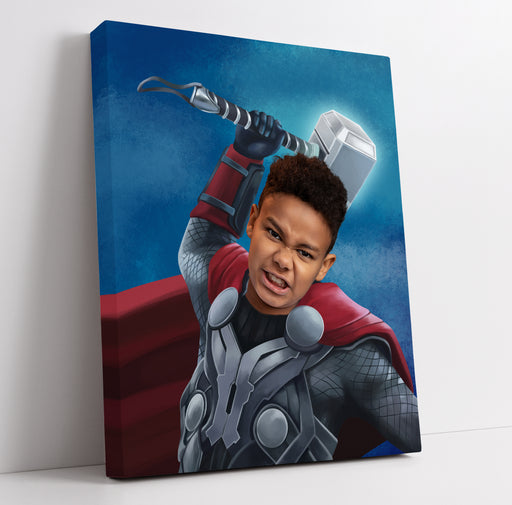 a painting of a boy with a hammer on his head