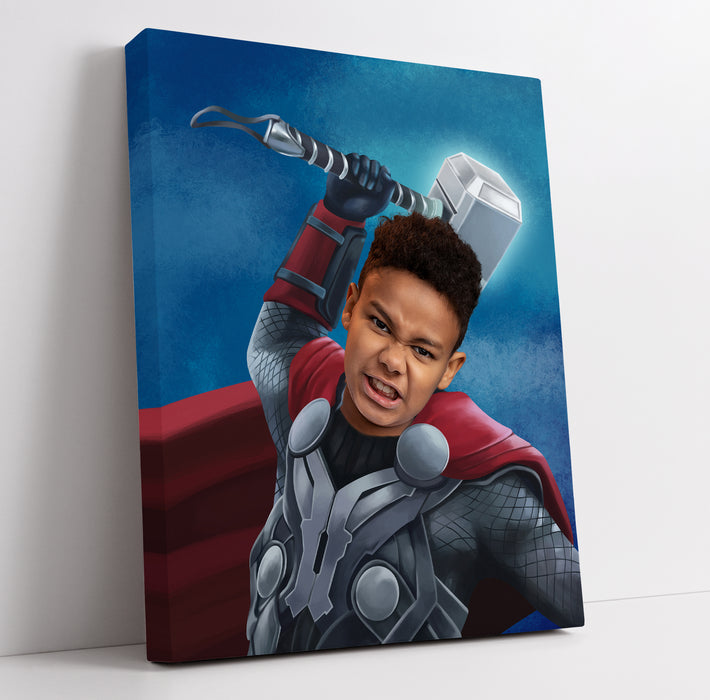 a painting of a boy with a hammer on his head