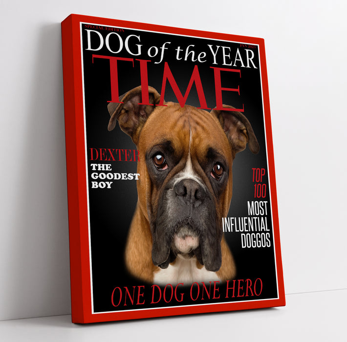 Funny pet portrait on time magazine cover with humorous headlines