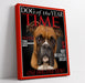 Funny pet portrait on time magazine cover with humorous headlines