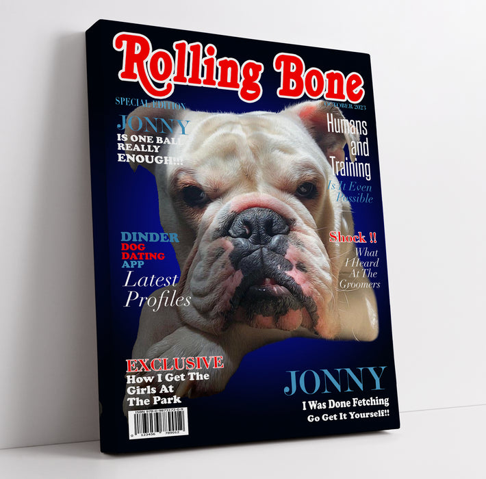 Funny pet portrait on rolling bone magazine cover with humorous headlines