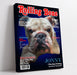 Funny pet portrait on rolling bone magazine cover with humorous headlines