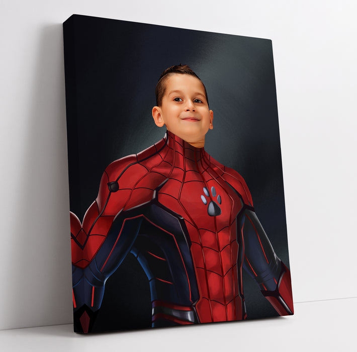 a painting of a young boy in a spiderman suit