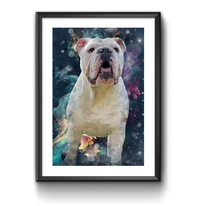 a white dog with a black frame on a white background