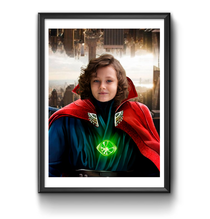 a young girl dressed in a costume with a green light on her chest