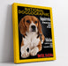 Funny pet portrait on national doggographic magazine cover with humorous headlines, featuring a beagle