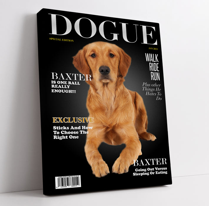 Funny pet portrait on dogue magazine cover with humorous headlines