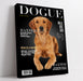 Funny pet portrait on dogue magazine cover with humorous headlines