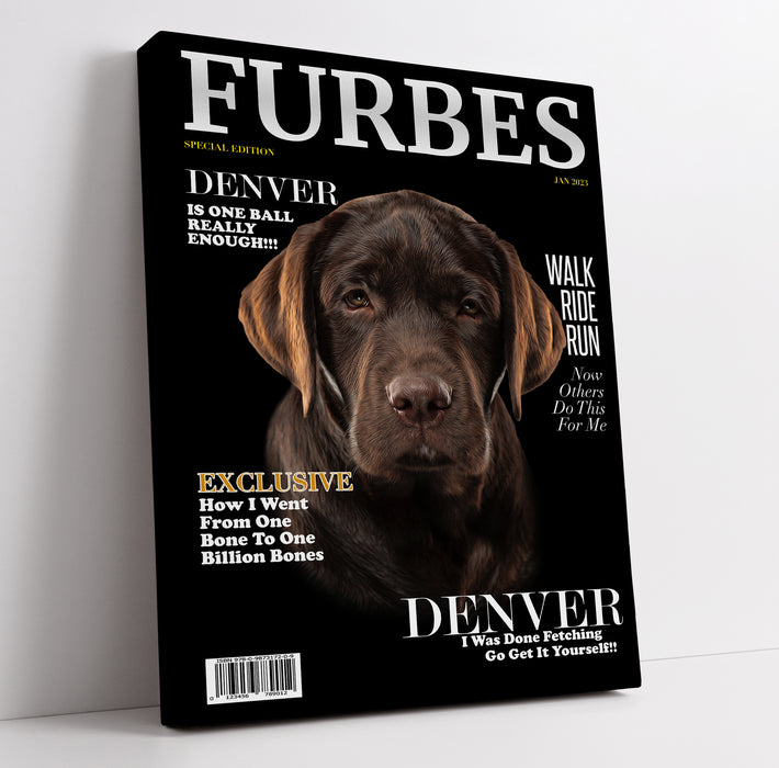 Funny pet portrait on furbes magazine cover with humorous headlines