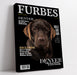 Funny pet portrait on furbes magazine cover with humorous headlines