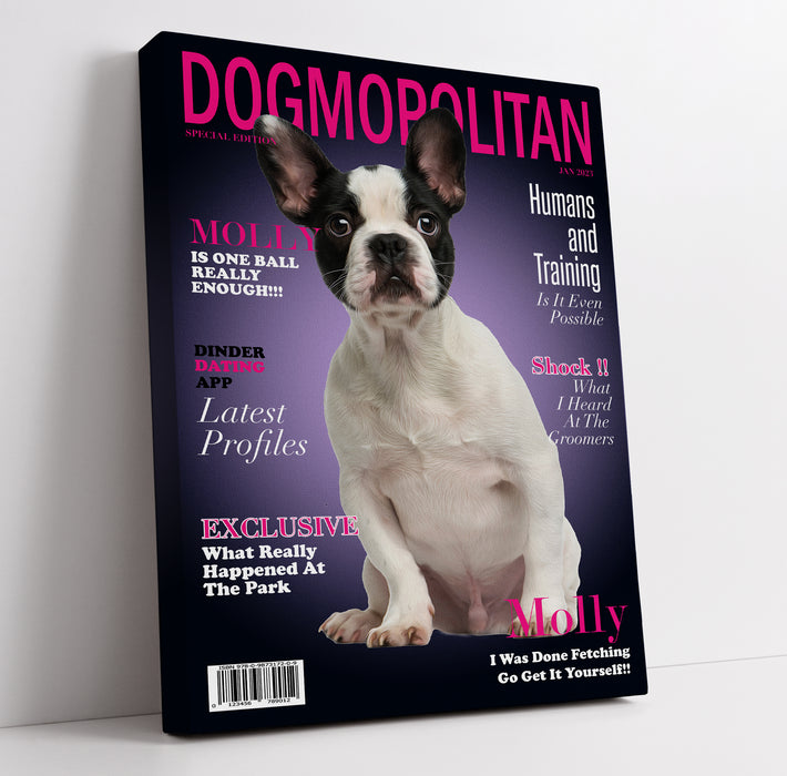 Funny pet portrait on dogmopolitan magazine cover with humorous headlines, featuring a french bulldog 