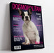 Funny pet portrait on dogmopolitan magazine cover with humorous headlines, featuring a french bulldog 