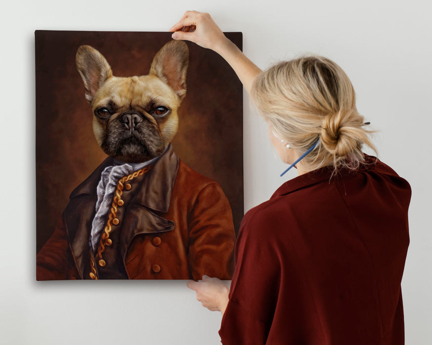 Regal pet portrait of a French Bulldog dressed in an elegant, vintage-style brown coat with gold buttons and a ruffled white shirt. This classic and sophisticated dog portrait is perfect for custom pet art enthusiasts looking for unique and aristocratic pet portraits on canvas. Ideal for those seeking personalized pet artwork to celebrate their beloved pets with a touch of nobility