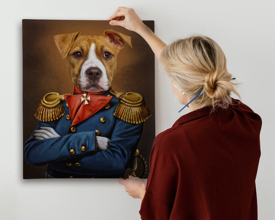 Pet Portrait of a dog dressed as a military leader, wearing a blue and red uniform with gold epaulettes and a medal. The dog has a serious expression with its arms crossed, giving a whimsical yet commanding presence, blending nobility and charm