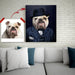 Pet Portrait of a Boxer dog dressed as a 1920s gangster, wearing a black fedora hat and a pinstripe suit with a bowtie. The dog's serious expression contrasts humorously with the formal attire, giving the image a whimsical, vintage mafia boss vibe